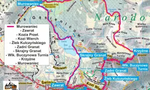 Mapa Tatr z zaznaczonymi szlakami, w tym Orlą Percią. Widoczne szczyty: Murowaniec, Zawrat, Kozi Wierch, Zadni Granat, Krzyżne.