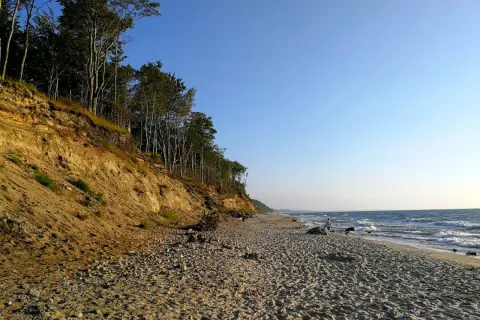 Dębina plaża z klifem porośniętym drzewami. Piasek i kamienie na brzegu, fale rozbijają się o brzeg.