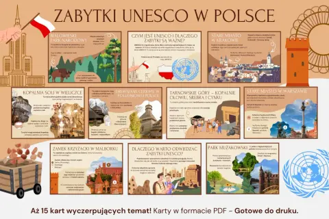 Infografika prezentuje zabytki UNESCO w Polsce: Puszczę Białowieską, Kopalnię Soli w Wieliczce, drewniane cerkwie, Tarnowskie Góry, Stare Miasta w Krakowie i Warszawie, Zamek w Malborku i Park Mużakowski.