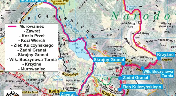 Mapa Tatr z zaznaczonymi szlakami, w tym Orlą Percią. Widoczne szczyty: Murowaniec, Zawrat, Kozi Wierch, Zadni Granat, Krzyżne.
