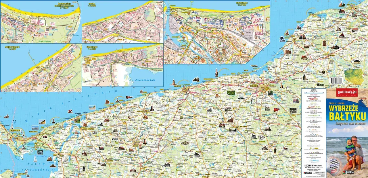 Mapa turystyczna wybrzeża Bałtyku z zaznaczonymi miejscowościami, takimi jak Świnoujście, Rewal, Niechorze, Kołobrzeg, Ustka, Darłowo.