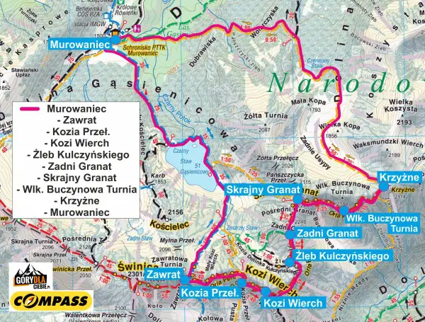 Mapa Tatr z zaznaczonymi szlakami, w tym Orlą Percią. Widoczne szczyty: Murowaniec, Zawrat, Kozi Wierch, Zadni Granat, Krzyżne.