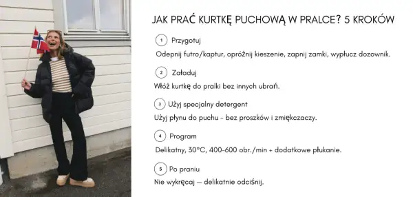 Kobieta z flagą Norwegii pokazuje, jak prawidłowo prać kurtkę puchową w pralce, by zachować jej właściwości.