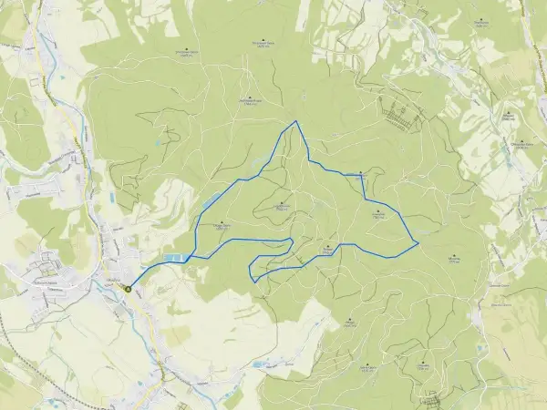 Mapa turystyczna z zaznaczoną trasą przez Góry Sowie. Widoczne szczyty, doliny i sieć dróg.